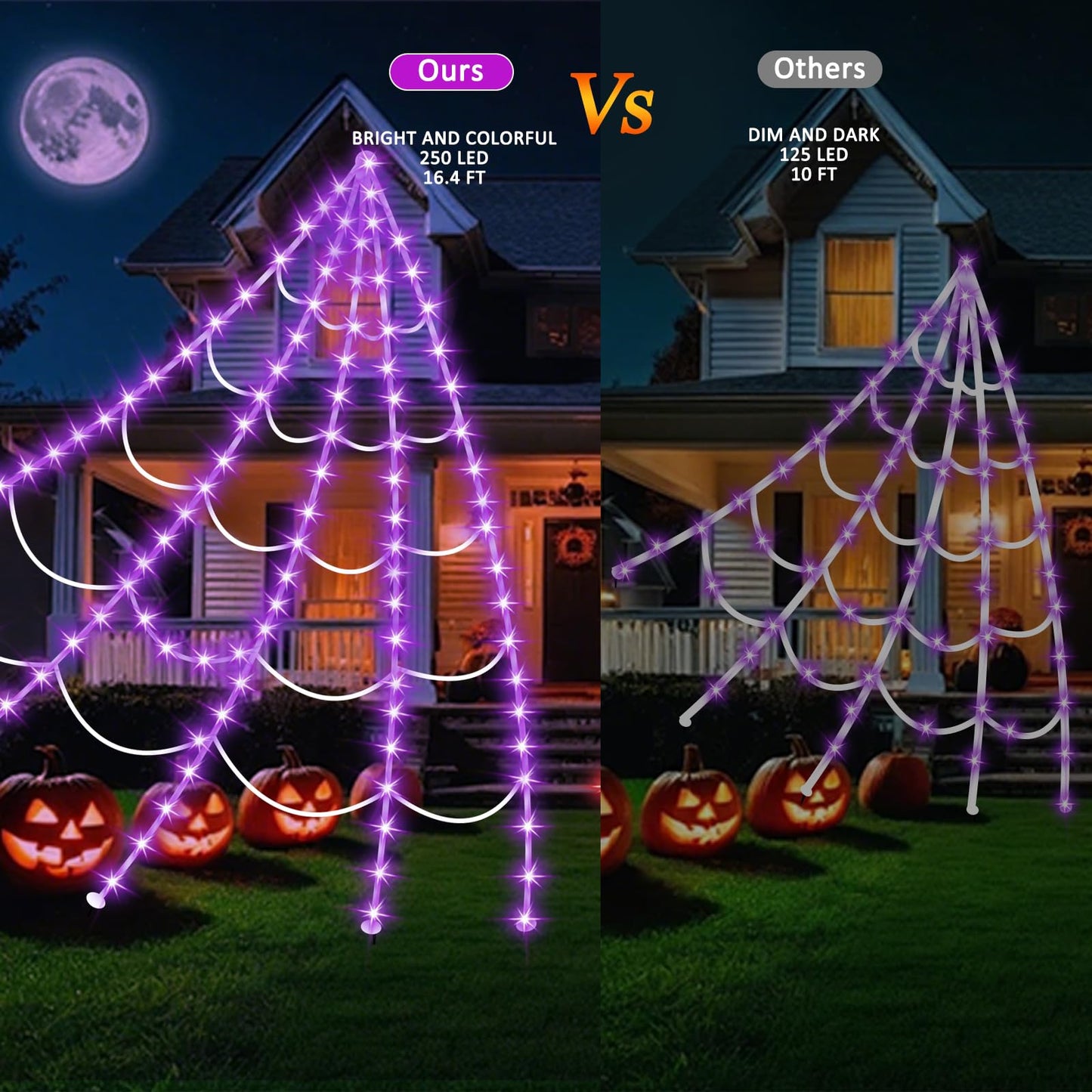 Halloween Decorations Outdoor, Spider Web Lights 250 LED Lighted Spider Web 16.4Ft Giant Halloween Decorations Light up, 8 Lighting Modes Waterproof & Timer for Indoor Haunted House Yard Decor, Purple