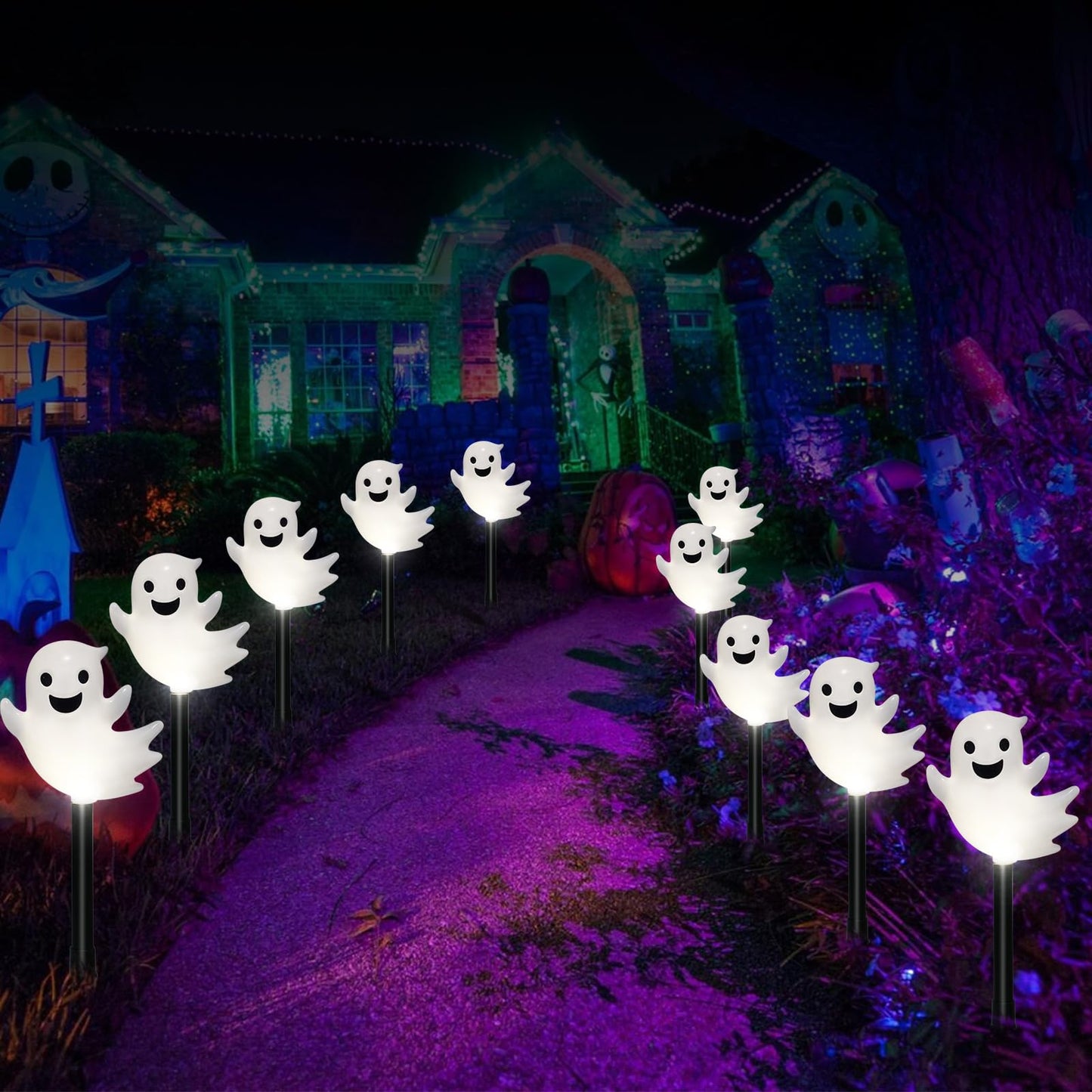 VOGVOG Solar Halloween Ghost Pathway Lights, 10 Pack 3D Lighted Outdoor Stake Decorations, Waterproof LED Yard and Garden Lights for Halloween Pathway, Lawn, Patio, and Holiday Decor (10-Ghosts-Cold)