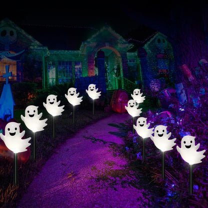 VOGVOG Solar Halloween Ghost Pathway Lights, 10 Pack 3D Lighted Outdoor Stake Decorations, Waterproof LED Yard and Garden Lights for Halloween Pathway, Lawn, Patio, and Holiday Decor (10-Ghosts-Cold)