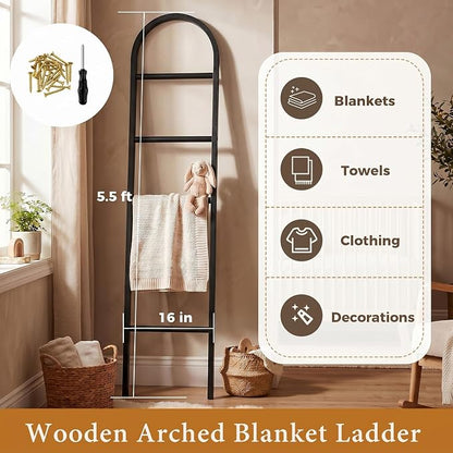 Sintuff Arched Blanket Ladder for Living Room, 5.5ft Wooden Blanket Rack, 5-Tier Natural Leaning Ladder Shelf for Farmhouse Bedroom Living Room Bathroom Decor (Arch,Balck)