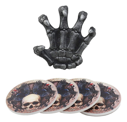Ebros Gothic Alchemy Clutch of The Dead Skeleton Hand Resin Coaster Figurine Holder with 4 Skull Raven Tile Coasters Set Furniture Protector Ossuary Macabre Halloween Spooky Home Decor Accent