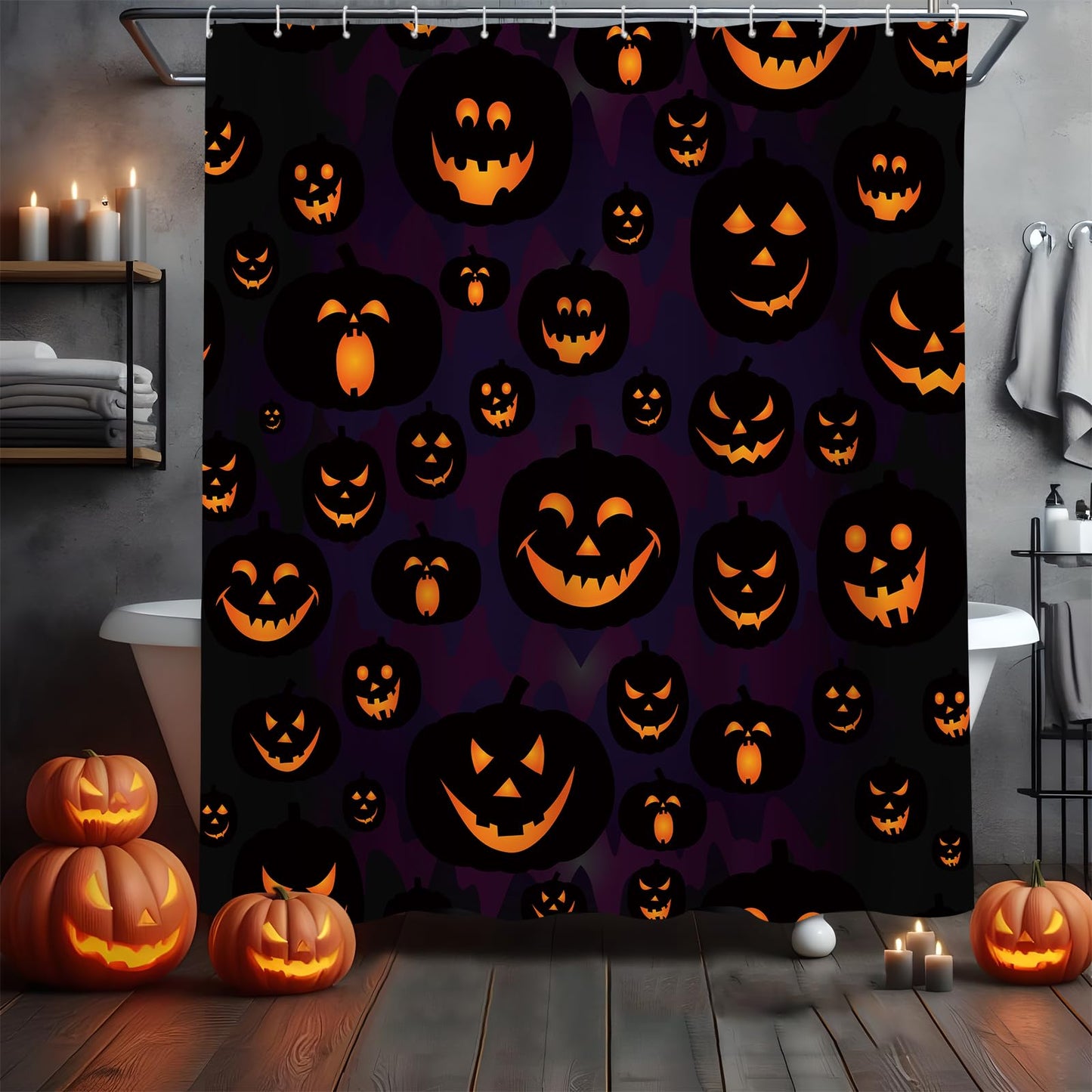MEHOFOND Halloween Pumpkin Shower Curtain - Evil Purple Fall Bathroom Decor - Washable Durable Fabric 72x72 Inch