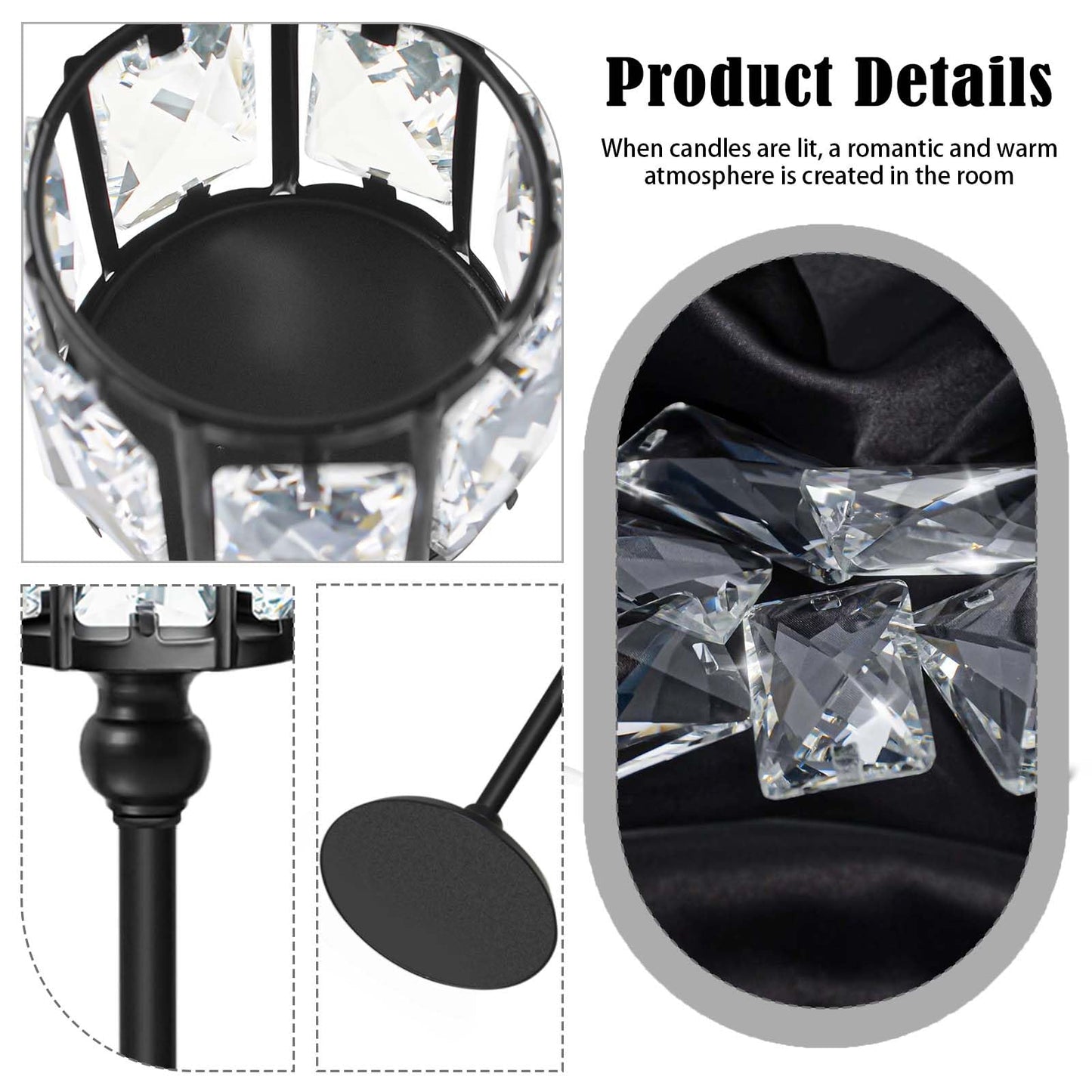 Set of 3 Cup Crystal Tealight Candle Holders, Centerpieces for Table Wedding Centerpieces Crystal Decorative Tealight Candle Dining Table Candle Holder Decor for Party (8.7"+10.6"+12.2", Black)
