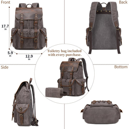 Yamons Genuine Leather Backpack for Men, Waxed Canvas Backpack Shoulder Rucksack with Toiletry Vintage Backpack for Travel,Camping, Hiking(Grey)