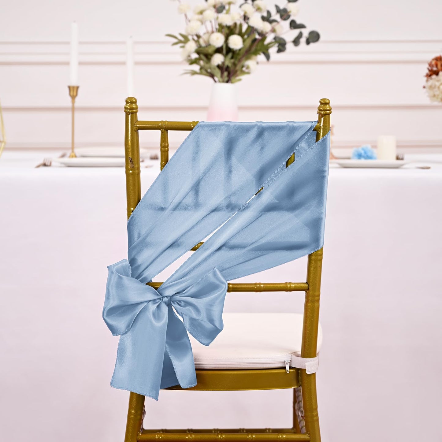 REWOMC 60 PCS 7x78 Inch Dusty Blue Satin Chair Sashes Bows Suitable for Various Occasions Such as Weddings Banquets Parties, Graduation Ceremonies Etc