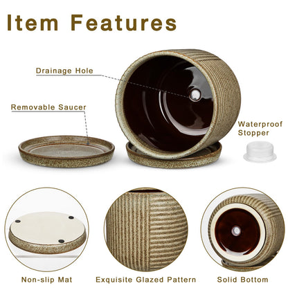Oairse Ceramic Pots for Indoor Plants, 6.1 +4.9 inch Pots for Plants Set of 2 Brown Plant Pots with Drainage Holes and Saucers Texture Ceramic Planters Indoor Outdoor Flower Pot for Succulent