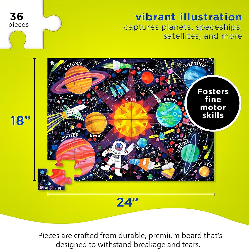 Crocodile Creek 36-Piece Jigsaw Floor Puzzle - Fun Floor Puzzles for Kids Ages 3-5 - Heavy-Duty Shaped Box for Storage - Space Explorer - 24" W x 18" H Finished