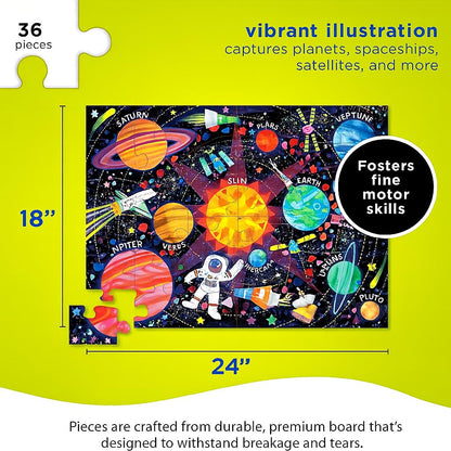 Crocodile Creek 36-Piece Jigsaw Floor Puzzle - Fun Floor Puzzles for Kids Ages 3-5 - Heavy-Duty Shaped Box for Storage - Space Explorer - 24" W x 18" H Finished