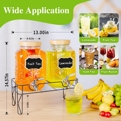 2-Pack1Gallon Glass Drink Dispensers for Parties,Beverage Dispenser with Stainless Steel Leakproof Spigot/Stand/Bamboo Lids/Fruit Infuser/Chalkboard Labels.for Lemonade & Iced Tea,Party Drinks