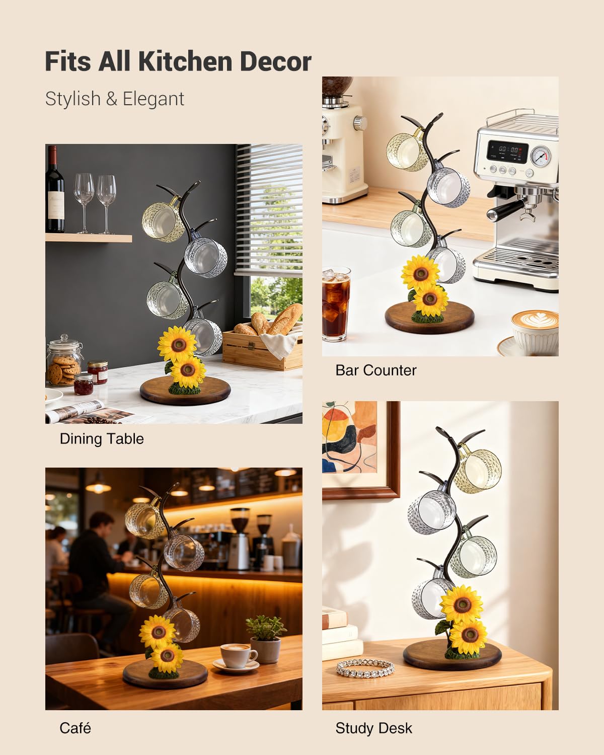GAJ Sunflower Mug Tree Coffee Cup Holder, Countertop 3D Yellow Flower Coffee Bar Decor, Wooden Base Mug Stand Holds 4 Cups, Farmhouse Kitchen Organizer, Gifts for Women Mom Grandma