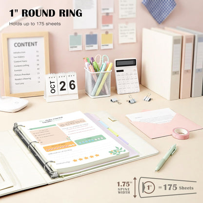 Ospelelf Leather 3 Ring Binder for Letter Size Documents with PVC Pocketed Dividers, Pencil Pouch & Notepad, 1 Inch Round Rings, Holds 175 Sheets, for Office School Home Organization, Flower White