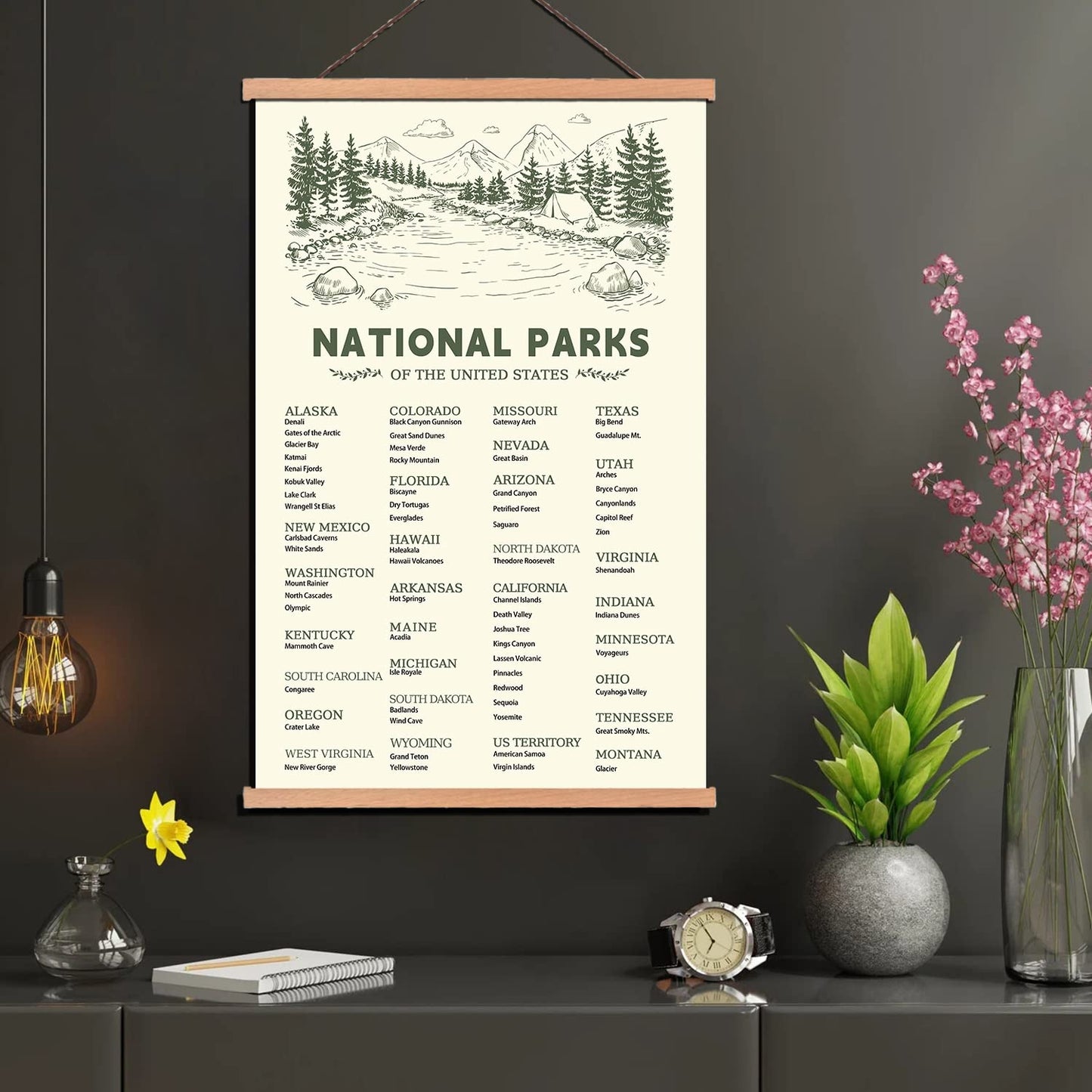 KAIRNE US National Park Checklist Poster,Park Posters for Travel Sign With Wooden Hanging Framed(40CMx75CM),Inspirational Rustic Decor,National Park Map Posters Gift for Hiker or National Park Lover