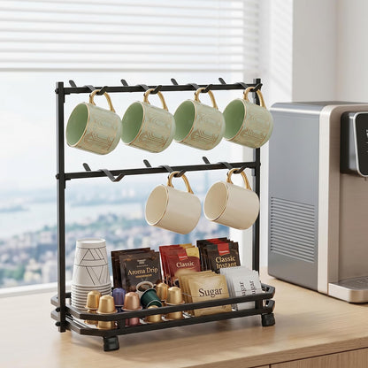 Samhe Coffee Mug Holder for Countertop, Coffee Cup Holder Rack with 14 Hooks, Metal Mug Tree Stand with Storage Base for K Cup Coffee Pod Paper Cups Tea Bag - Black