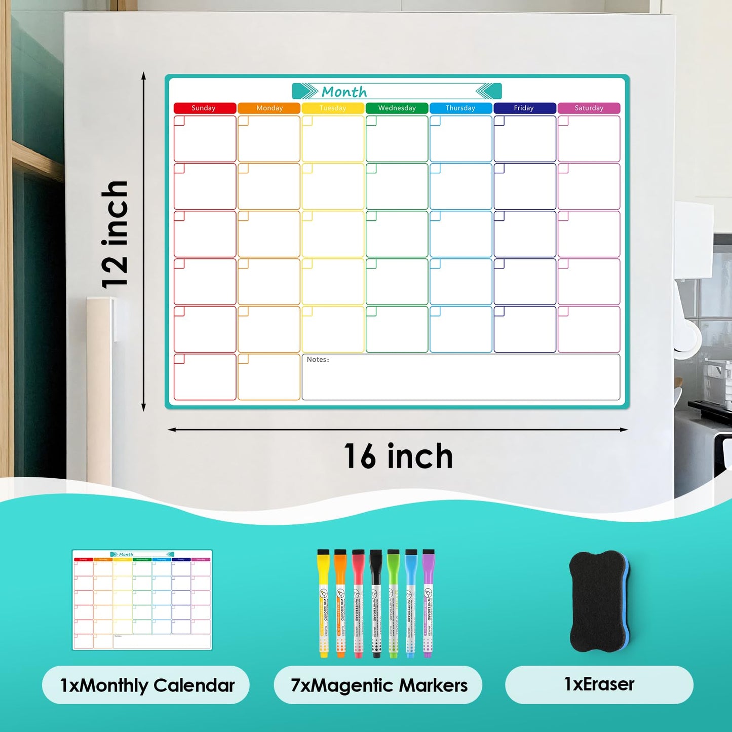 MaxGear Monthly Magnetic Calendar for Fridge, 16" X 12" Fridge Calendar Whiteboard, Reusable Magnetic Dry Erase Calendar White Board Planner for Refrigerator with 7 Fine Point Markers, 1 Eraser