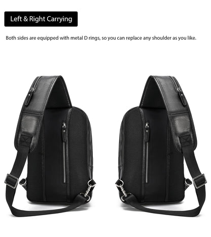 LANNSYNE Full Grain Leather Sling Bag For Men Crossbody Chest Daypack fits 12.9" iPad