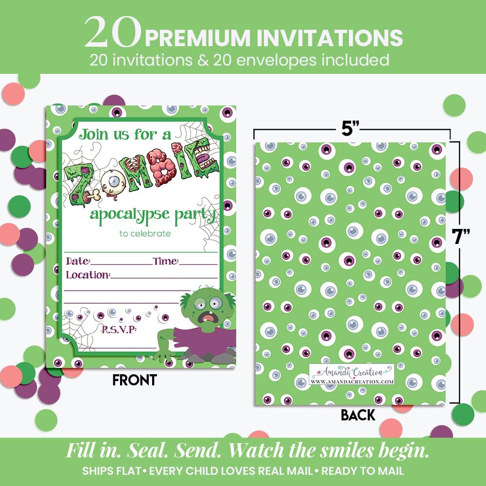 Zombie Apocalypse Halloween Birthday Party Invitations, 20 5x7 Fill In Cards with Twenty White Envelopes by AmandaCreation