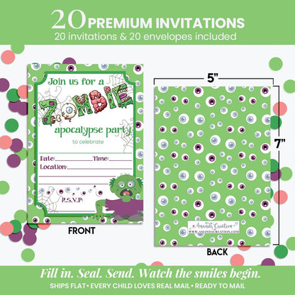 Zombie Apocalypse Halloween Birthday Party Invitations, 20 5x7 Fill In Cards with Twenty White Envelopes by AmandaCreation