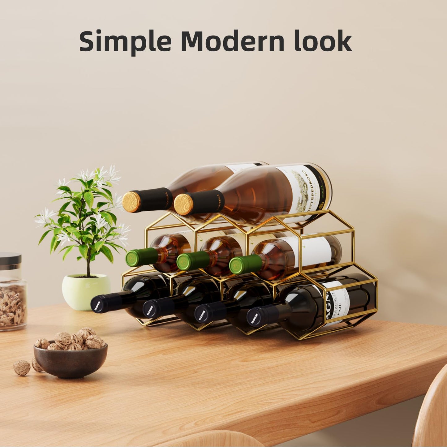 Urban Deco Small Gold Wine Rack 9 Bottle Holder Countertop - No Need Assembly Modern Metal Wire Wine Storage for Counter Top Table Top Coffee Bar Kitchen