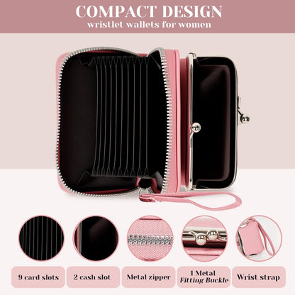 Women's RFID Blocking Wristlet Wallet - 2-in-1 Zip-Around with Coin Purse & Card Slots - Vegan Leather with Secure Clasp (Gift Ready)(Pink)