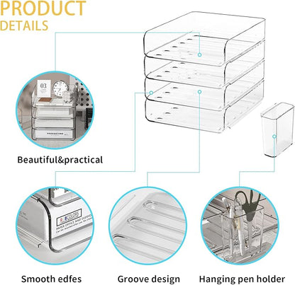 FANXIYQ 4-Tier Acrylic Paper Tray Organizer with Pen Holder | Clear Stackable Desk Organizer for Documents, Letters, A4 Paper | Modern Office/Classroom/Home Organization
