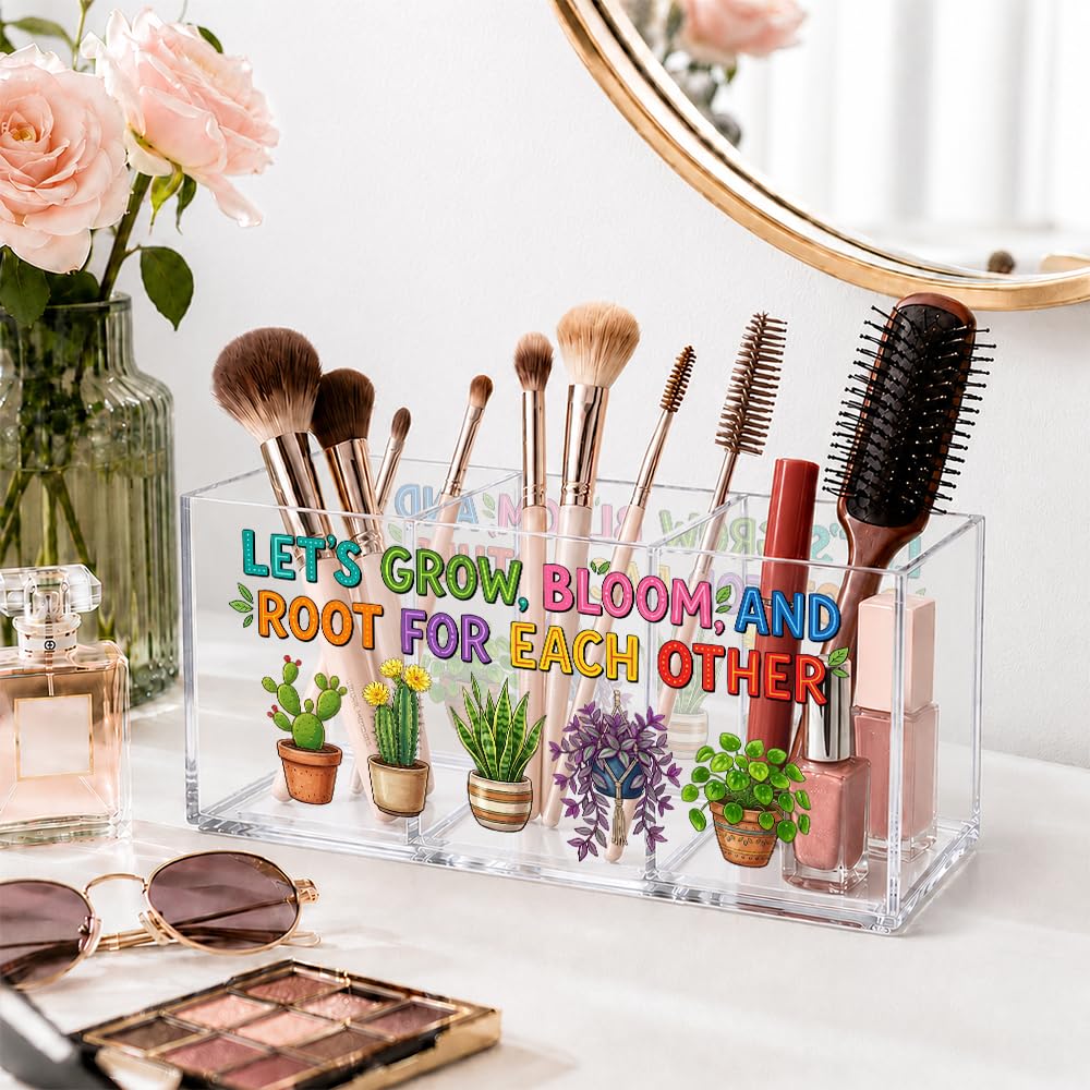 UAKXOIF Acrylic Pen Holder Organizer with 3 Compartments, “Let’s Grow, Bloom and Root for Each Other” Plant Design, Desk Organizer for Pen, Makeup, Office Supplie, Inspirational Gifts for Women Friend