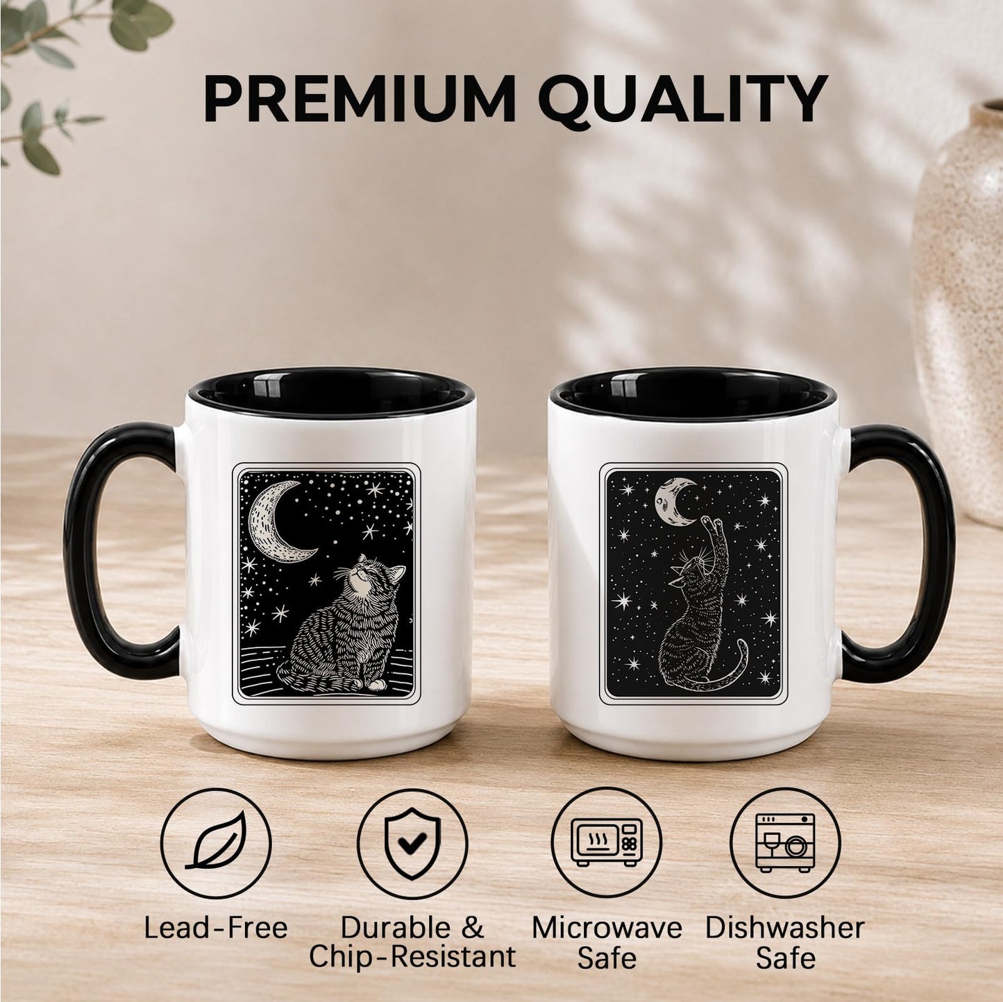 RVEAFA Black Cat Mug 15 Oz Ceramic Coffee Cup, Witchy Moon Gothic Mug Cute Cat Pet Themed Gift, Unique Coffee Mugs for Women, Halloween Coffee Cups Pretty Mugs for Home Kitchen Office