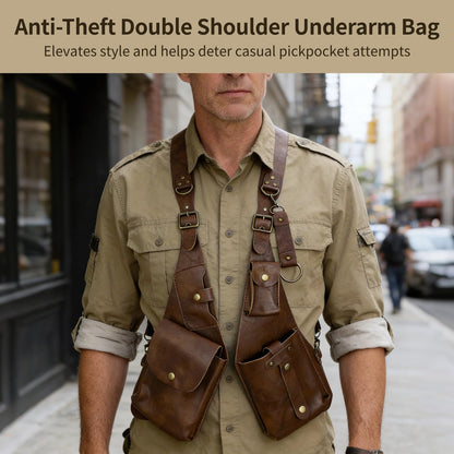 Anti-Theft Double Shoulder Underarm Bag Adjustable PU Leather Harness Chest Rig, Body Fit Vest Pouch with 4 Pockets, Vintage Viking Punk Crossbody Utility Bag for Travel Festival Cosplay