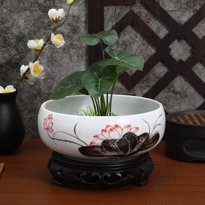 Toddmomy Hydroponic Ceramic Planter Pot with Base 7.08 Inch Round Water Lily Lotus Bowl for Indoor Outdoor Garden Decor Suitable for Water Plant Growth