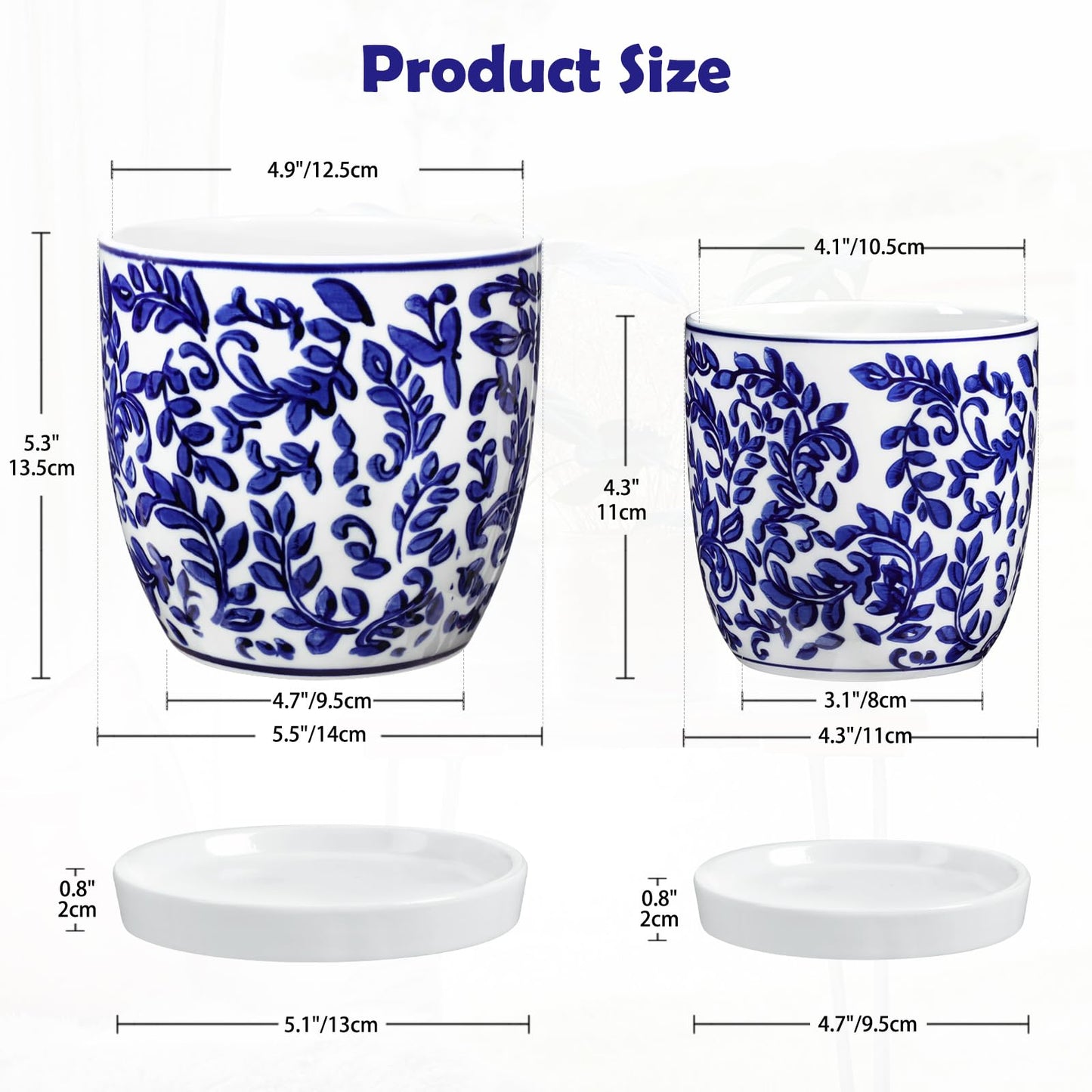 Set of 2 Ceramic Blue and White Plant Pots with Drainage Hole and Saucers, 4.3/5.5 Inches Ceramic Planters Round Flower Pots for Indoor Plants Succulent Cactus Orchid Flower, Indoor Outdoor Decor