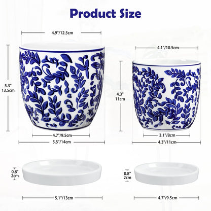 Set of 2 Ceramic Blue and White Plant Pots with Drainage Hole and Saucers, 4.3/5.5 Inches Ceramic Planters Round Flower Pots for Indoor Plants Succulent Cactus Orchid Flower, Indoor Outdoor Decor