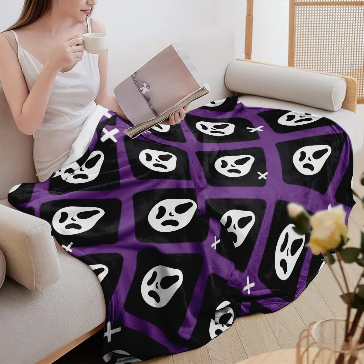 Halloween Spooky Face Blanket, Purple and Black, Soft Ghost Throw for Travel, Office, Home (60" x 50")