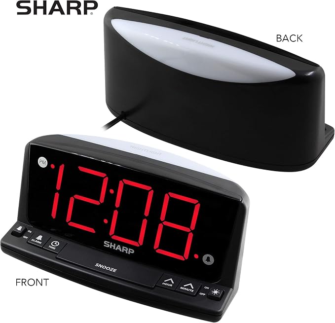Sharp Digital Alarm Clock, 1.8" Red LED, Night Light, Loud Alarm, Black | Front keyboard controls, 9-minute snooze, AC powered, 9V settings backup, across-room viewing, bedroom, nursery, bathroom
