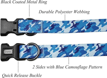 Dog Collar Leash Set, Camouflage Pattern, Polyester Material, Adjustable Collar and 5ft Matching Leash, for Medium Dogs.(M, Blue Camo)