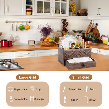 Aikosell Paper Plate Dispenser with Drawer, country style Wood Kitchen Counter, Picnic, Party, Camping - Caddy Organizer for Cups, Spoons, Forks, Plates, office supplies, Napkins & Silverware