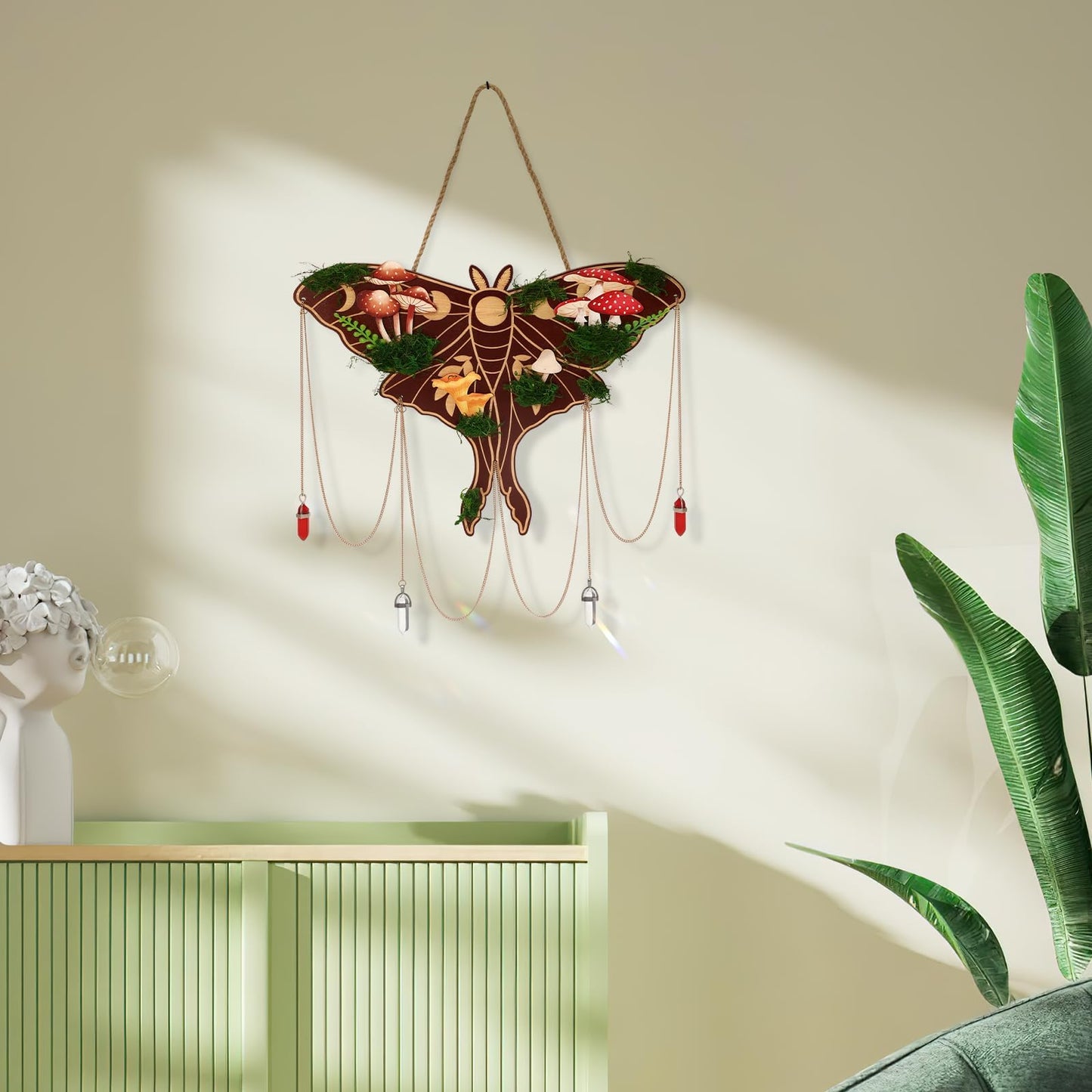 Xylolfsty Luna Moth Wall Hanging - Bohemian Butterfly Decor, Rustic Mushroom Crystal Moss Wooden Sign, Death Moth Art Gothic Witchy Living Room Bedroom Window Decoration