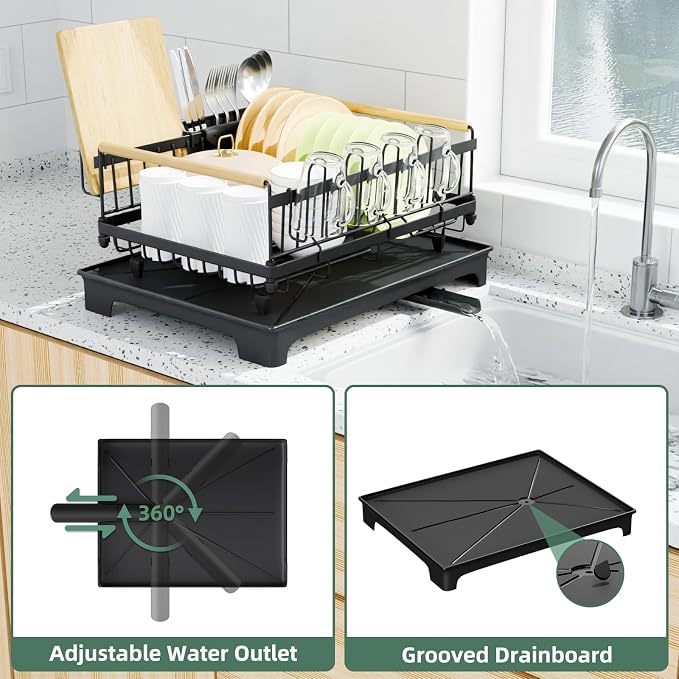 Dish Drying Rack with Auto-Drainboard - Rustproof Kitchen Counter Strainer with Cutlery & Cup Holders, Compact Space Saver Kitchen Strainer, Black