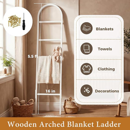 Sintuff Arched Blanket Ladder for Living Room, 5.5ft Wooden Blanket Rack, 5-Tier Natural Leaning Ladder Shelf for Farmhouse Bedroom Living Room Bathroom Decor(Arch,White)