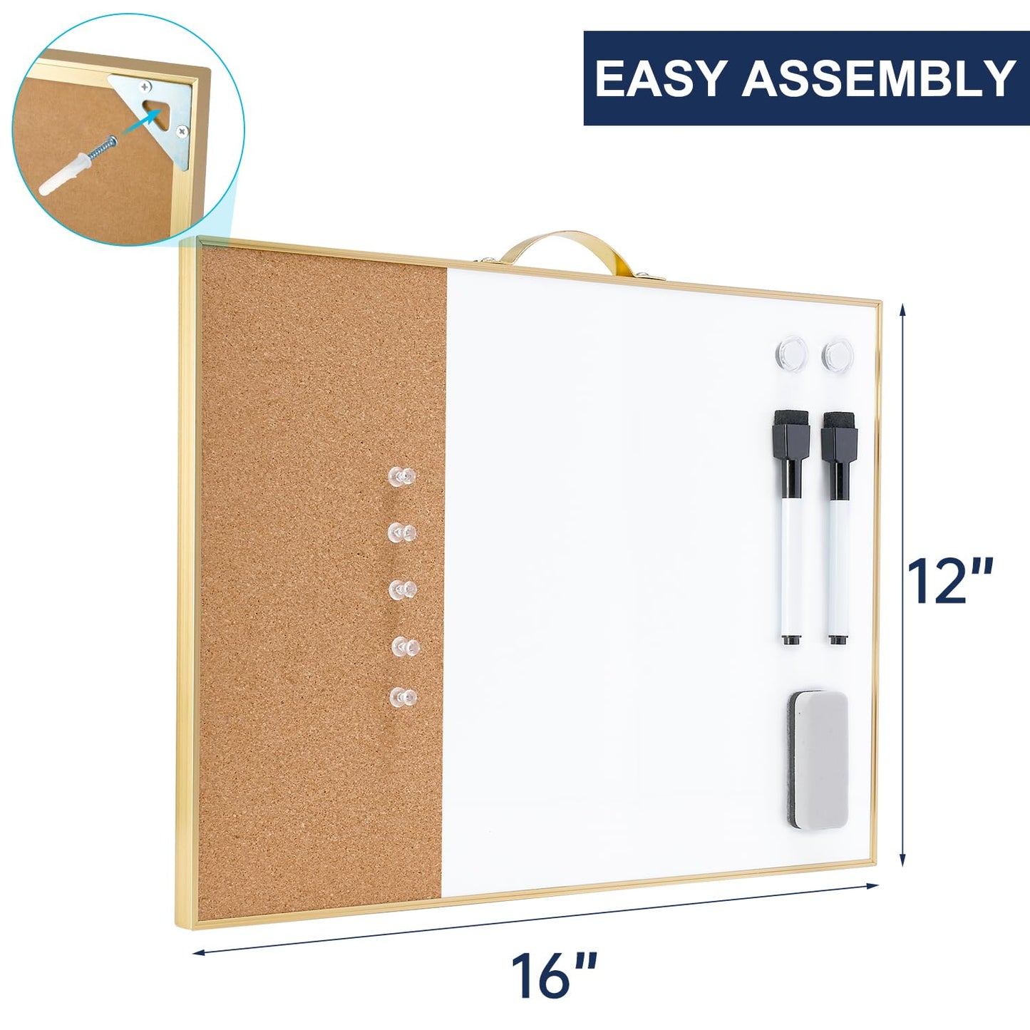 Small Cork Board Whiteboard Combo - 12" X 16" Portable Aluminum Gold Framed Magnetic Dry Erase Board for Wall, Mini Bulletin CorkBoard with a Handle for Office, Home and School