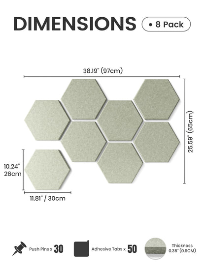 Fluxynara Hexagon Cork Board Alternative for Walls Decor-8-Pack Felt Bulletin Board Tiles,with 30 Pushpins,50 Adhesive Tabs for Office,Classrooms & Home Pin Board Felt Board-Sage