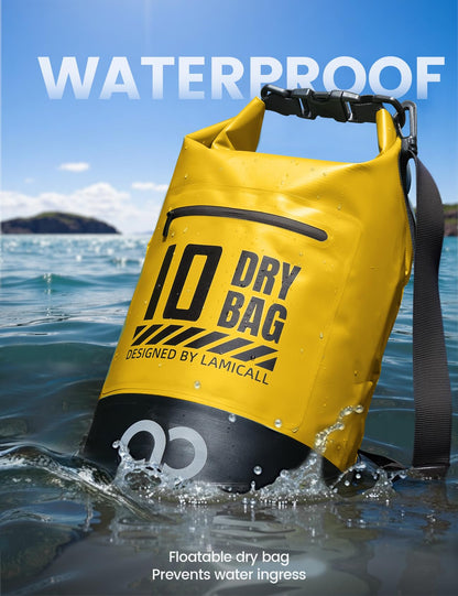 Lamicall Waterproof Dry Bag with Phone Pouch - 5L/10L/20L/30L/40L Floating Roll Top Backpack for Kayaking Boating Beach Camping Fishing - Heavy Duty 500D PVC Marine Dry Sack for Men,Women, Yellow 5L