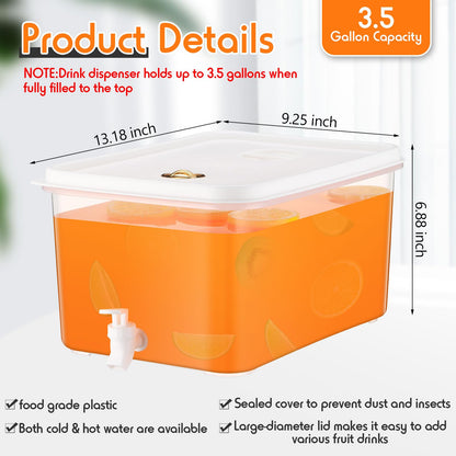 Domensi 2 Pack 3.5 Gallon Drink Dispenser for Fridge with Spigot Water Dispenser Leak Proof Lids Filter Screen Beverage Juice Container Sealed Plastic Lemonade Milk Cold Hot Drink Tea Jug for Party
