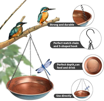 Hanging Bird Bath for Outdoors,11Inch Double Patchwork Birdbath Bowl Window Birds Feeder with 13.5 in Rust-Proof Black Chains Metal Hanging Birds Feeder for Garden Backyard Decor Copper Blue