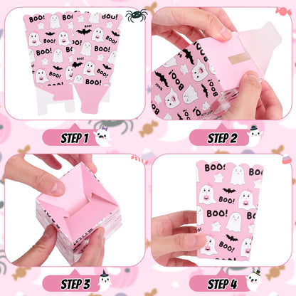 Whaline 100 Pcs Halloween Mini Popcorn Boxes Pink Ghost Bat Popcorn Bucket Boo Candy Favor Boxes for Trick or Treat Movie Night Party Supplies, 3 x 2.2 x 4.2 Inch