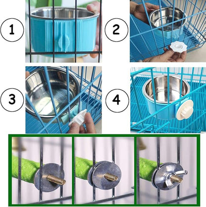 PINVNBY Bird Feeding Dish Cups, Detachable Stainless Steel Bowl, Eco-Friendly Plastic Bowl, Water and Food Bowl, Easy Installation, Prevents Upsetting, 1 Pcs