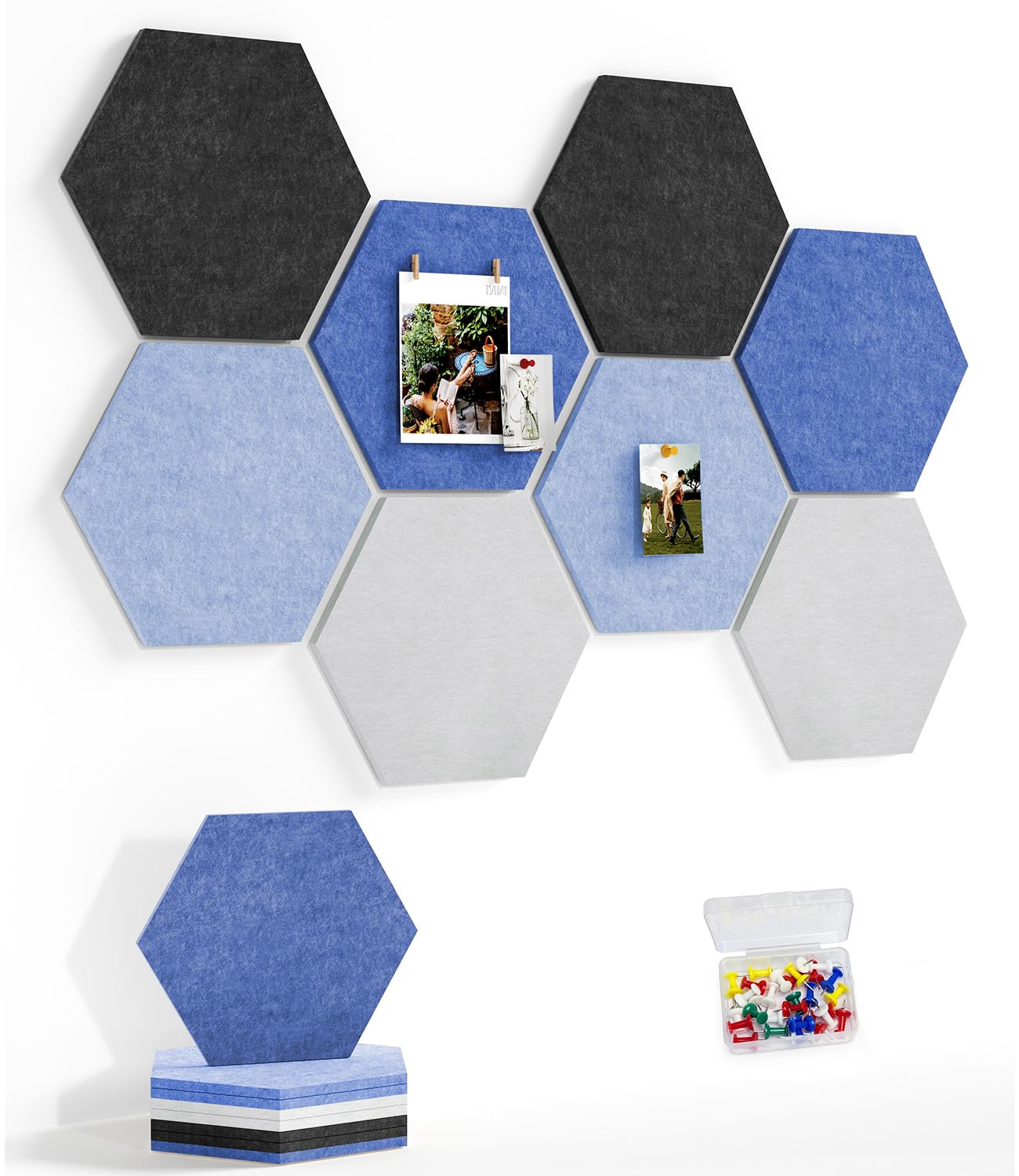 Uoisaiko 8 Pack Hexagon Felt Bulletin Board Tiles - 12" Large Thick Pin Board for Walls with 30 Push Pins, DIY Boards for Office Home School Decor, Aesthetic Hex Cork Board Alternative