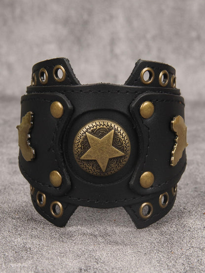 GelConnie Womens Black Leather Cuff Bracelet Wide Leather Biker Cuff Bracelet for Men Star Studded Punk Rock Wristband Gothic Bracelets