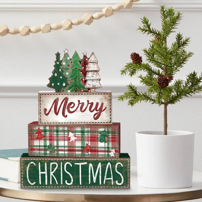 DIYDEC 4Pcs Christmas Table Decoration Green Tree Wooden Block Sign Christmas Tiered Tray Decor Winter Centerpiece Decorative Sign for Xmas Holiday Tabletop Coffee Fireplace Shelf Desk Party Decor