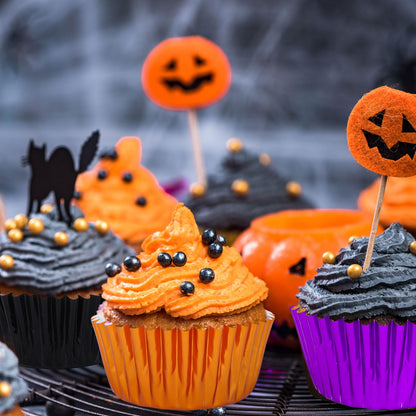 Whaline 450Pcs Halloween Foil Cupcake Liners Black Purple Orange Baking Cups Foil Metallic Cupcake Wrappers Muffin Liners for Holiday Party Supplies
