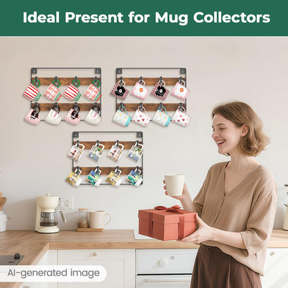 EsLuker.ly Mug Holder Hanger Rack Wall Mounted Wooden 3 Pack Coffee Cup Storage Organizer Display Shelf with 24 Movable Plastic Hooks, Ideal for Mug Collectors