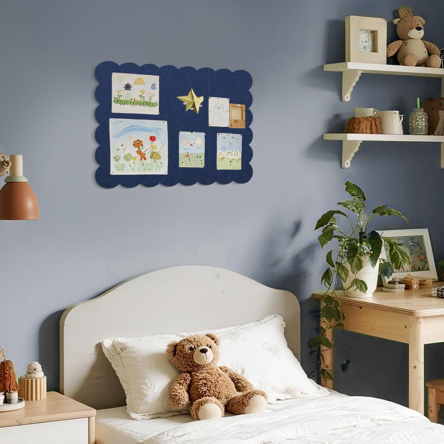 Lightomorrow Scalloped Bulletin Board, 24 x 18 Inches Felt Pin Board - Decorative Cork Alternative for Wall, Foldable Picture Self-Adhesive Vision Prayer Board with 20 Pushpins - Dark Blue